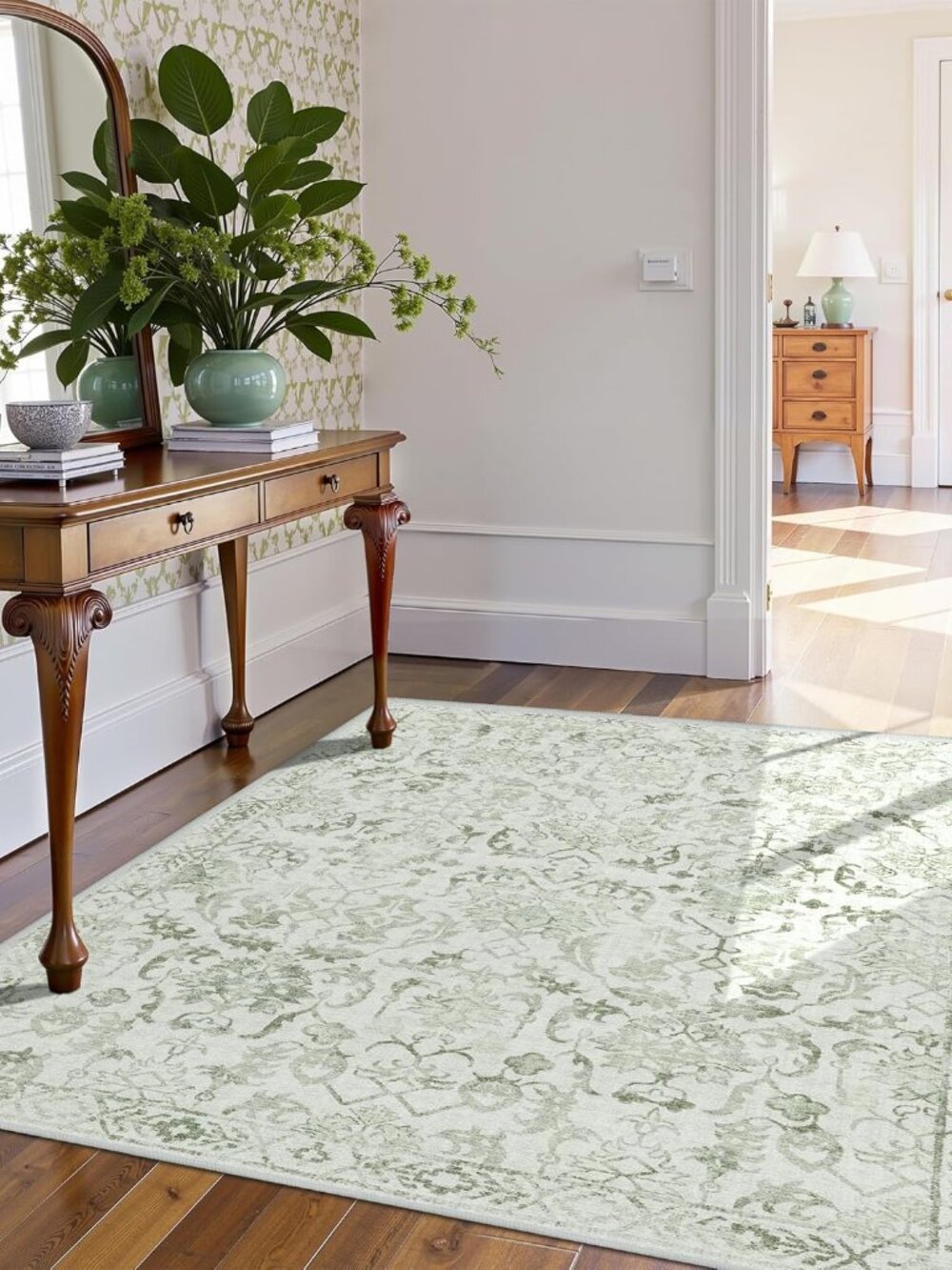 Sage Vintage Area Rug 3x5 for Living Room Bedroom, Washable Distressed Farmhouse - Picture 5 of 8